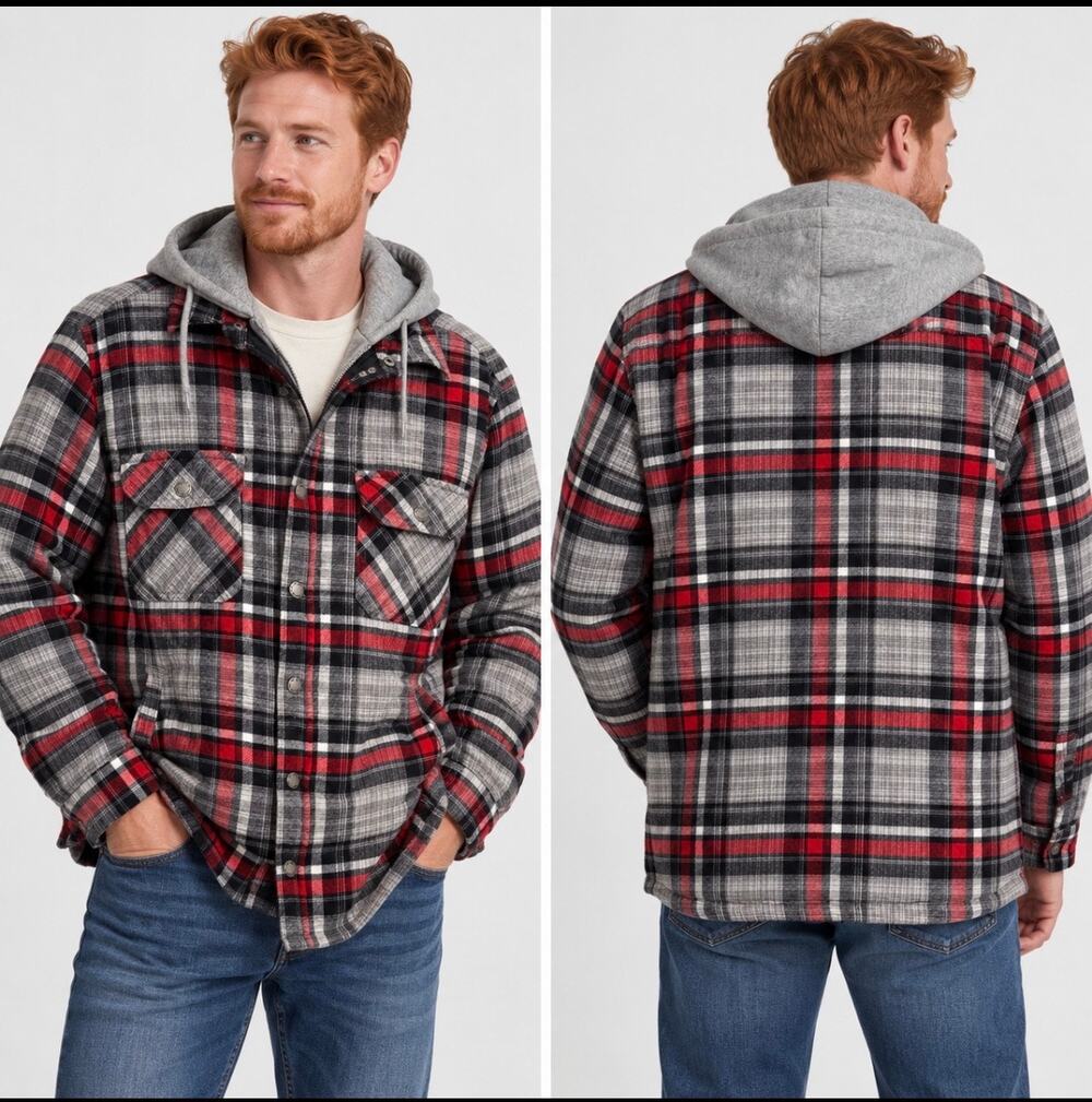 Red Head Brand Co Plaid Hooded Jacket Men’s M Red Black Gray Flannel Quilted